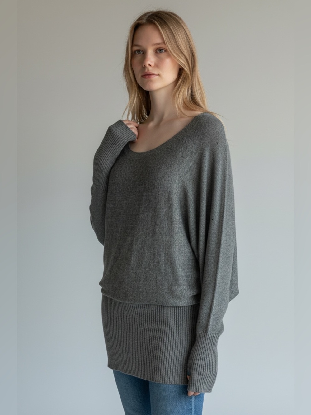 H&M Gray Long-Sleeve Batwing Knit Sweater Dress